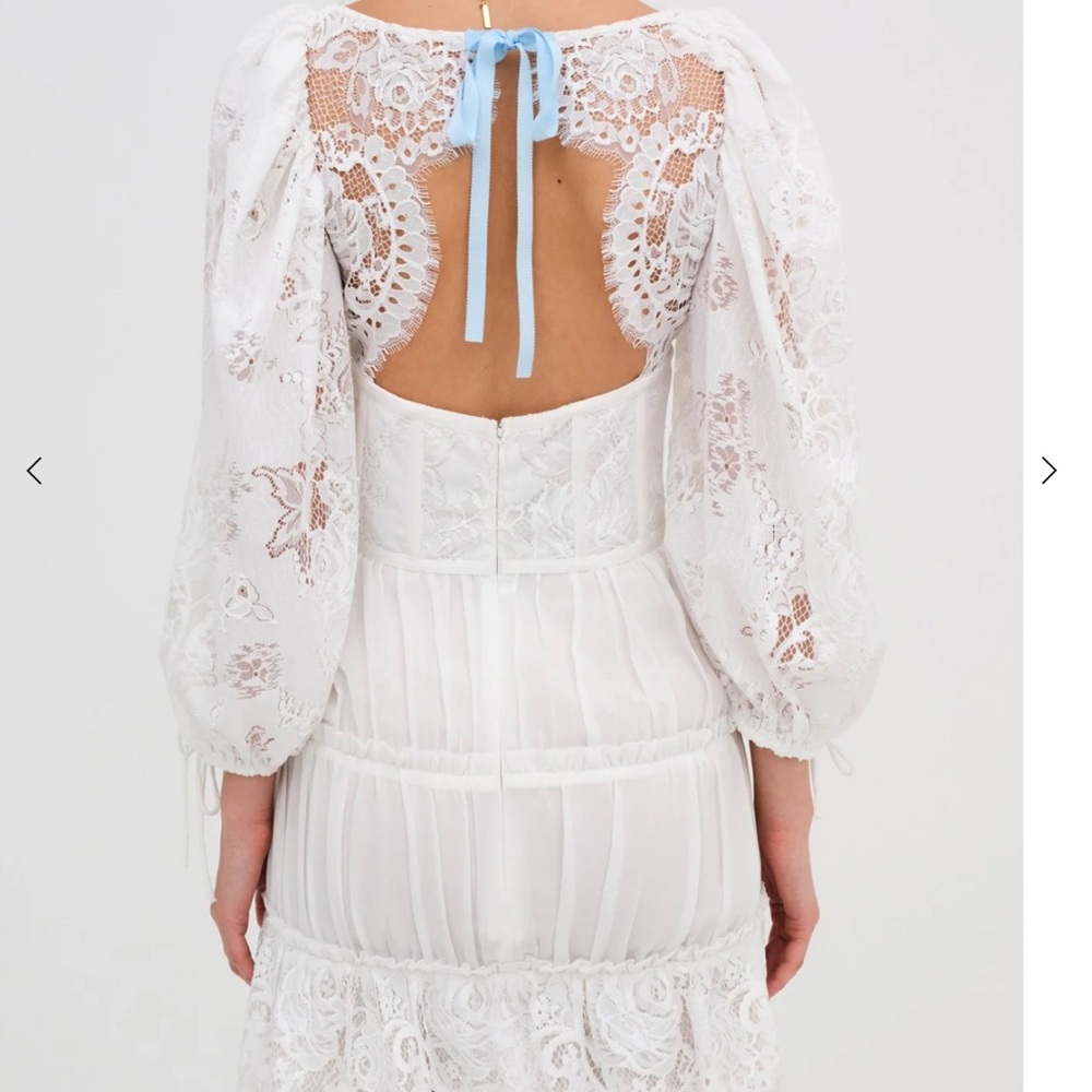 Elegant White Lace Dress with Blue Accent